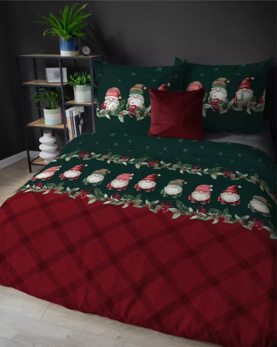 5618 A Magia Świąt Pościel flanelowa świąteczna Detexpol w skrzaty na bordowo-zielonym tle– bawełna 100%, 160 g/m², zamek, OEKO-TEX®