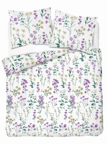 5634 B Pościel flanelowa Pastel Flowers Detexpol biała w polne kwiaty fioletowo-żółte– ciepła, miękka i elegancka
