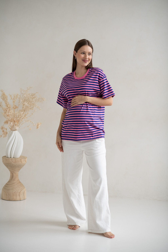 Mamahood T-shirt ciążowy i do karmienia Milk&Love różowo-niebieskie paski – wygodny i stylowy