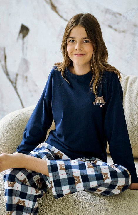 3503 Astrid Piżama dziewczęca Taro granatowa – bawełna, nadruk, spodnie w kratkę