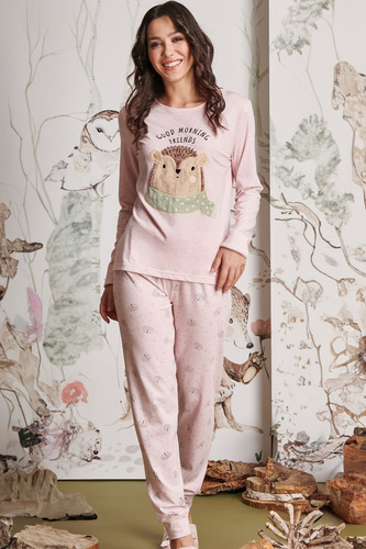 Antea Damska piżama Sorbetto różowa – długa, różowa, z aplikacją 3D, jersey, bawełna