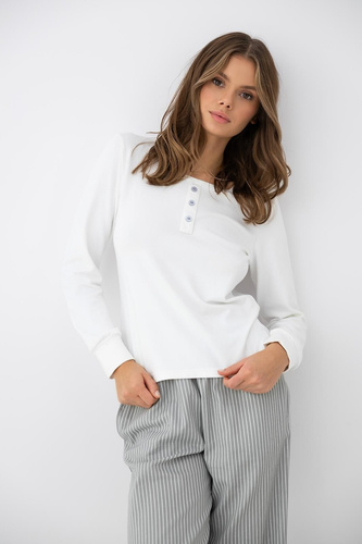 Sensis Salma piżama damska ecru-szara z długim rękawem i spodniami w paski