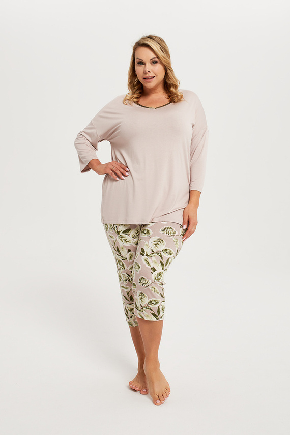 Indonezja Piżama Damska 3/4 rękaw, 3/4 spodnie Italian Fashion - beż/druk