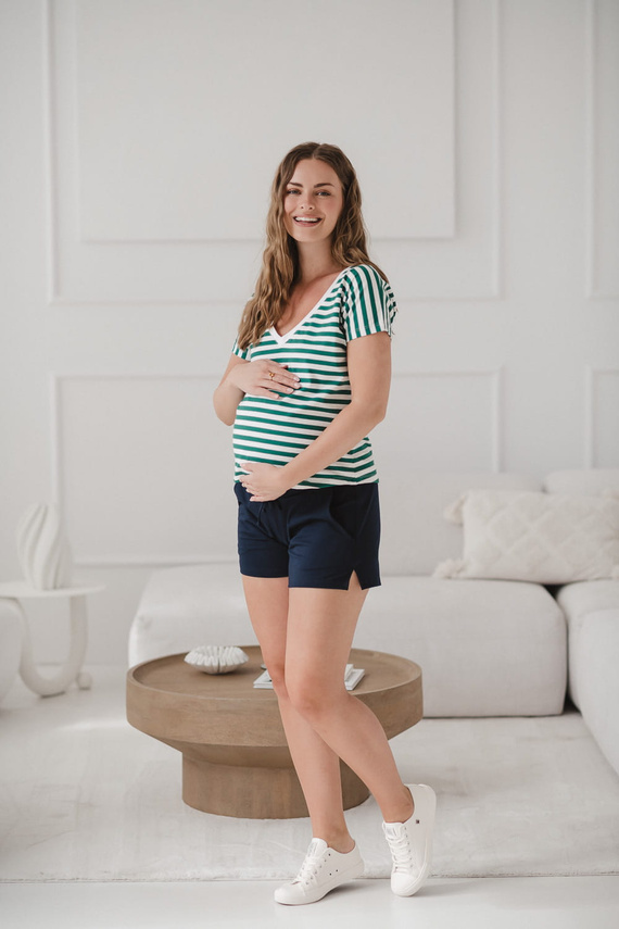 Two Ways Dwustronna bluzka ciążowa i do karmienia | Krótki rękaw, komfortowa Milk&Love zielono-białe paski
