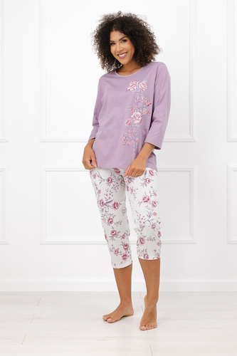Italian Fashion Karilla Piżama damska 100% bawełna 3/4 kwiaty wrzos