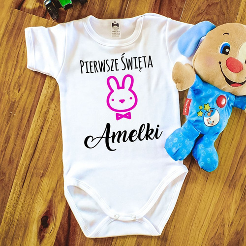 Body krótki rękaw "Pierwsze Święta Wielkanocne róż" Moocha białe