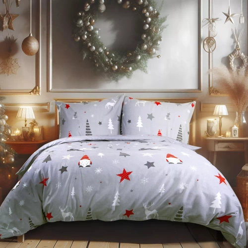 31508/1 Pościel flanelowa świąteczna gwiazdki drzewa Darymex szary