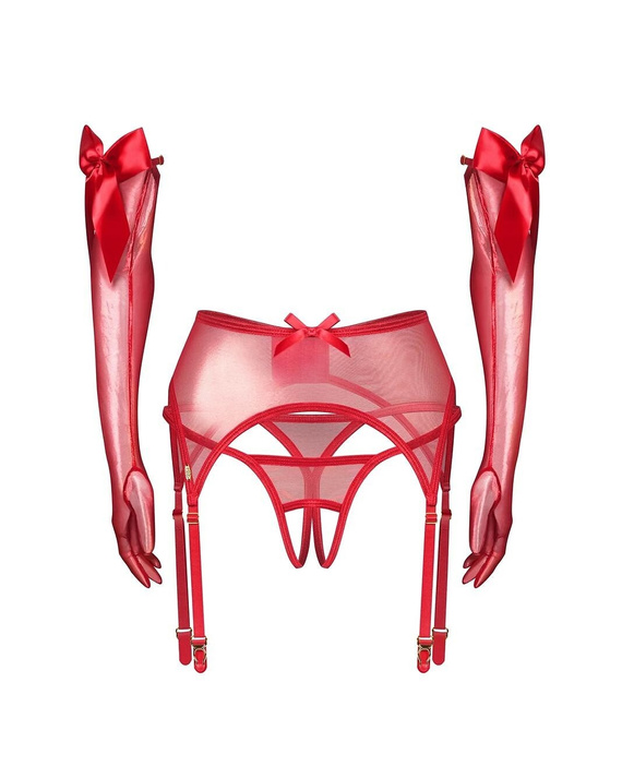Obsessive Gifty Red 3-PCS Czerwony Komplet Pas Stringi Rękawiczki