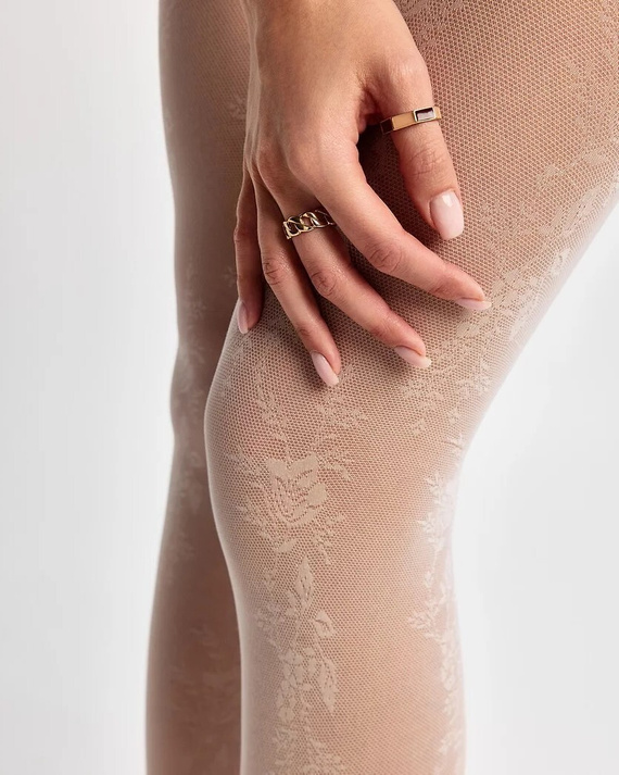 Rajstopy Gabriella Doris 30 den kwiatowy wzór elastyczne komfort- cream