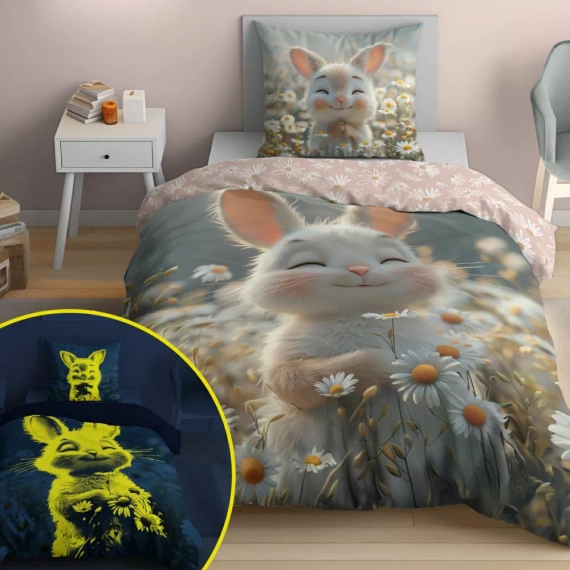 5548 A Fluo 95 Pościel świecąca w ciemności króliczek w kwiatach 100% bawełna | Dla dzieci Detexpol 