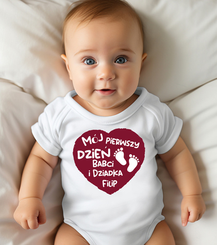 "Mój pierwszy dzień Babci i Dziadka + imię" Body krótki rękaw Moocha biały