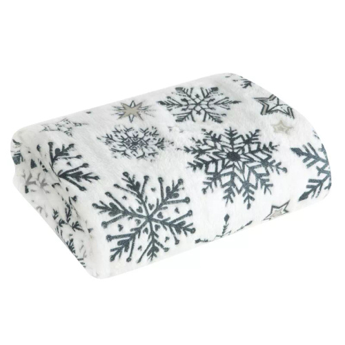 Koc świąteczny Eurofirany biały granatowy śnieżynki – miękka narzuta z mikrofibry, 240 g/m²