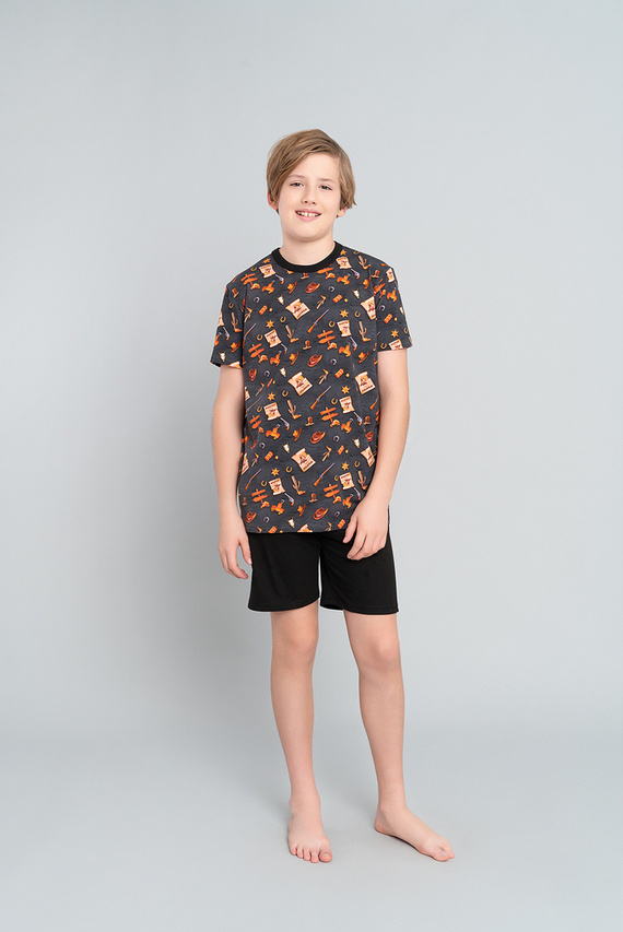 Western Piżama chłopięca krótki rękaw, spodnie Italian Fashion- grafit/czarny