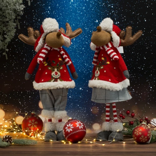 92B Renifer figurka świąteczna w zimowym stroju z miękkich tkanin Eurofirany czerwony