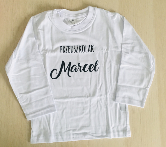 Koszulka długi rękaw "Przedszkolaka z imieniem- MARCEL" Moocha biały 
