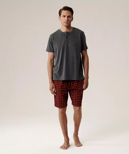 Piżama męska NMP-397 -szary czerwony  bawełna, krótki rękaw, lekka i wygodna na lato