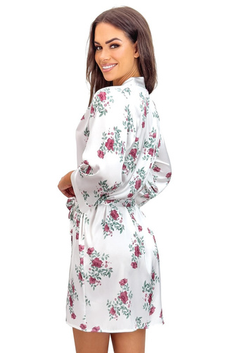 Szlafrok damski Julia ecru donna – delikatna satyna, kwiatowy print, wiązany pasek
