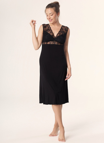 Koszula nocna Petra KM29 Mefemi by Nipplex  czarna– wiskoza, koronka, długość do łydki 