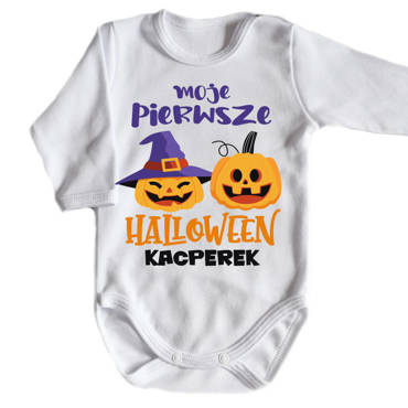 "Moje pierwsze HALLOWEEN z dowolnym imieniem" Body długi rękaw Moocha biały