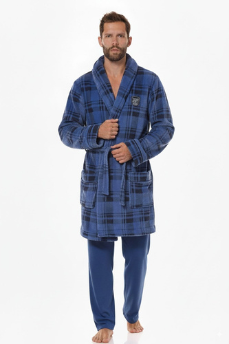 2456 BJ Szlafrok męski L&L navy– miękki, w kratkę z kołnierzem