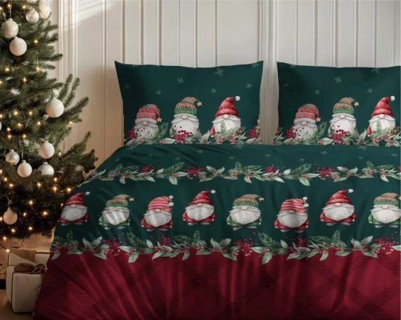 5618 A Magia Świąt Pościel flanelowa świąteczna Detexpol w skrzaty na bordowo-zielonym tle– bawełna 100%, 160 g/m², zamek, OEKO-TEX®