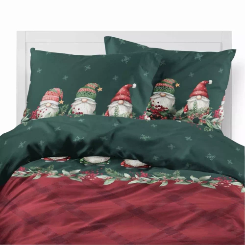 5618 A Magia Świąt Pościel flanelowa świąteczna Detexpol w skrzaty na bordowo-zielonym tle– bawełna 100%, 160 g/m², zamek, OEKO-TEX®