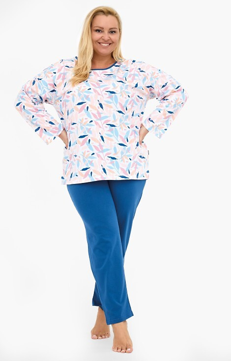 392/451 Amelia Cornette  – damska piżama bawełniana, kolorowe listki, długi rękaw