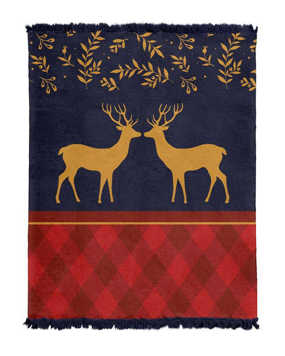 092 JB Koc świąteczny z frędzlami renifery Detexpol granatowy/czerwony