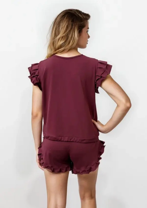 Komplet Lulu 2 Dkaren piżama damska bawełna falbanki komfort- bordowy 