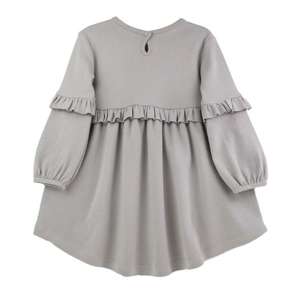 141971 Sukienka długi rękaw Nicol – szara, bawełniana, z falbankami