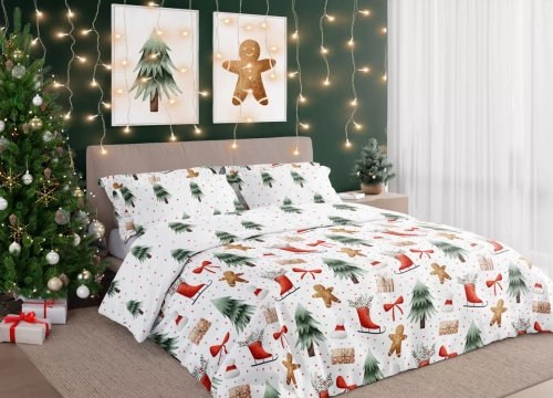 Scandic 078 Pościel świąteczna Scandic Faro biała z choinkami, pierniczkami– dwustronna bawełna 100%, zamek