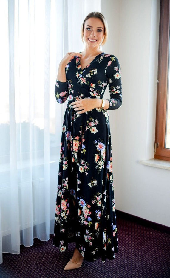 109 Wizytowa Sukienka z długim rękawem MIRACLE- granat w kwiaty
