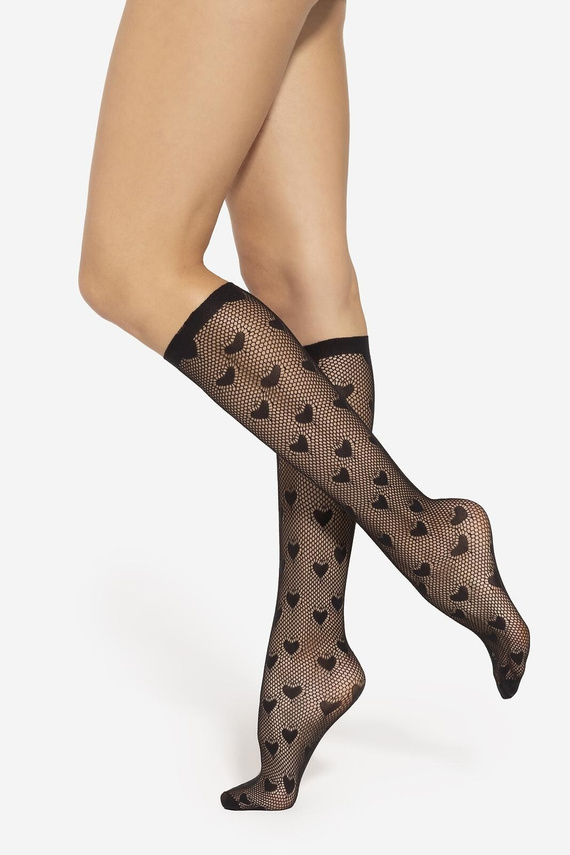 Podkolanówki Yasmine wz.01 Gatta – czarne, ażurowe serca, nieuciskające