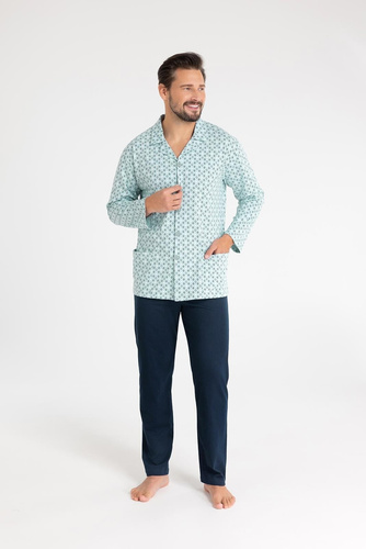 Piżama męska bawełniana Regina 486 zielony – długi rękaw, zapinana na guziki, klasyczny krój
