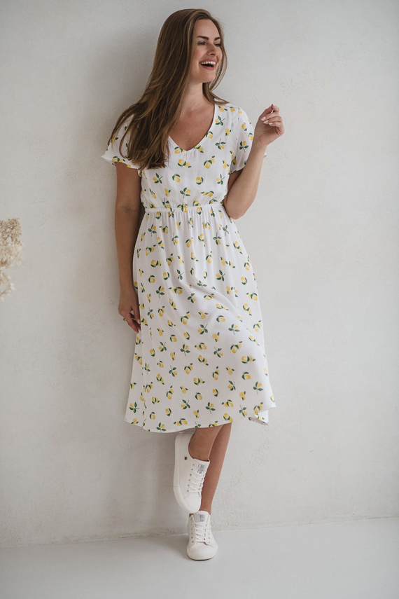 Lovely Dress Midi Sukienka ciążowa i do karmienia – biała w cytryny, krótki rękaw Milk&Love 