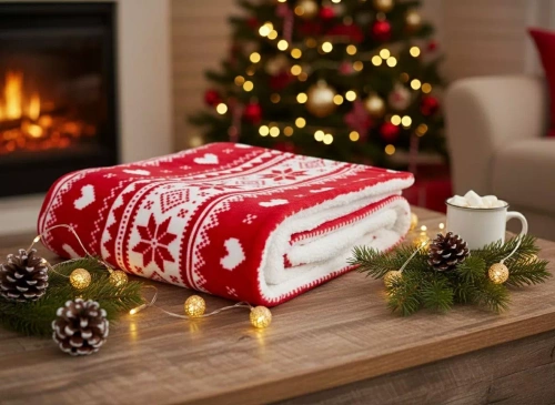 Koc świąteczny SACO czerwony – miękki i ciepły z norweskim wzorem śnieżynek w ozdobnym worku