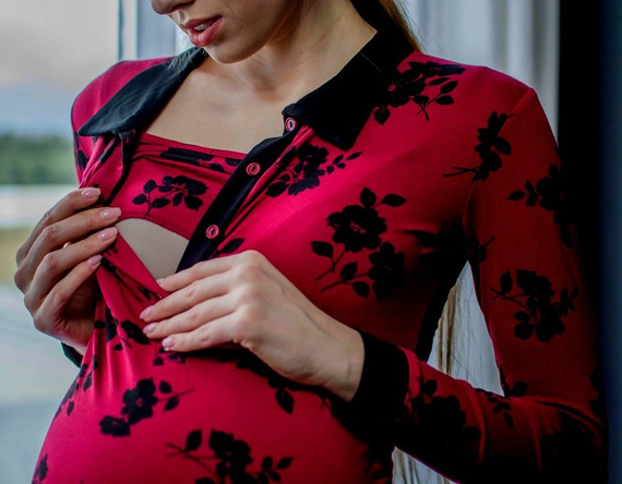 012 Bluzka ciążowa Polo długi rękaw MIRACLE- bordowa- czarne kwiaty