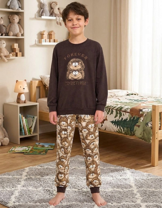 Cornette Young Boy Forever 593/193,966/193Piżama Chłopięca 100% Bawełna Jeże Brązowa