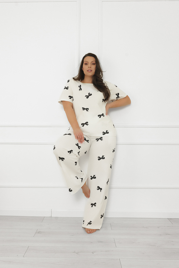 Piżama damska Figaro – ecru, bawełna, krótki rękaw + długie spodnie Italian Fashion