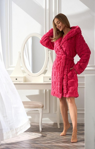 2553 Valentina Krótki szlafrok damski L&L z kapturem i kieszeniami - malinowy 