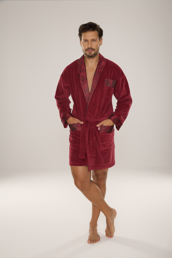 866 Noble Szlafrok męski welurowy De Lafense – krótki, elegancki, bawełna - burgund