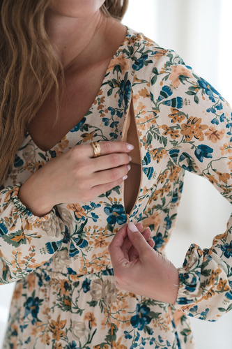 Lovely Dress Midi Milk&Love beżowa w kwiaty– sukienka ciążowa i do karmienia z lnem, elegancki krój z zamkami do karmienia