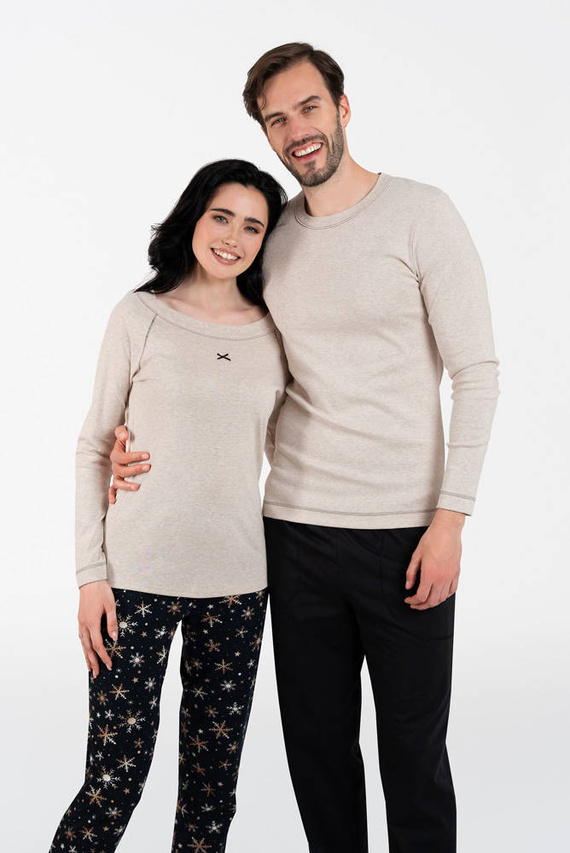 Denali Piżama Damska długi rękaw, długie spodnie Italian Fashion- beżowy melanż/druk