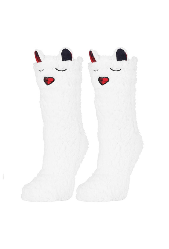 Skarpetki damskie Moraj CDC1600-001 biały różowy– puchate, z buźką i antypoślizgiem ABS