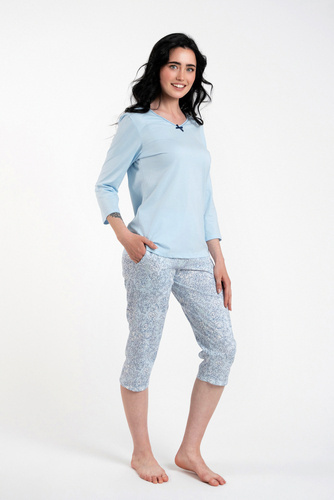 Salli Piżama Damska 3/4 rękaw i 3/4 spodnie Italian Fashion -niebieski/druk