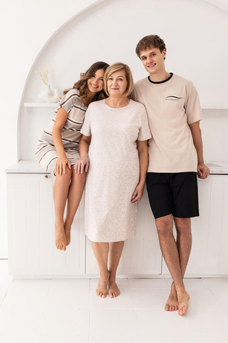 Koszula Nocna Damska 170 Regina beżowa– Letnia, Wiskozowa, Krótki Rękaw, Przed Kolano, Maksymalny Komfort Snu
