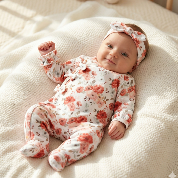 ABK-0054 Komplet Niemowlęcy NINI Roses Bawełna Organiczna Pajacyk z Opaską
