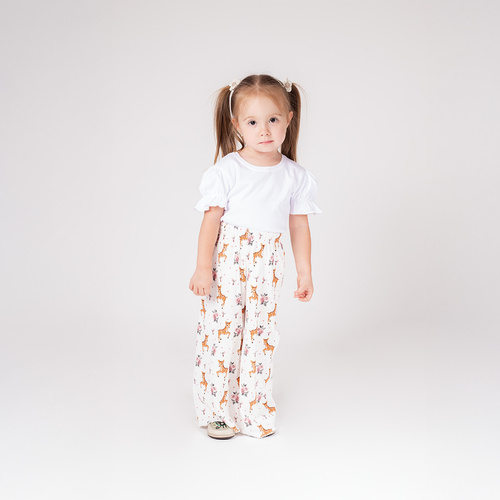 216198 Lala Spodnie dziecięce Nicol – białe w sarenki i kwiaty, rozmiar 92-122