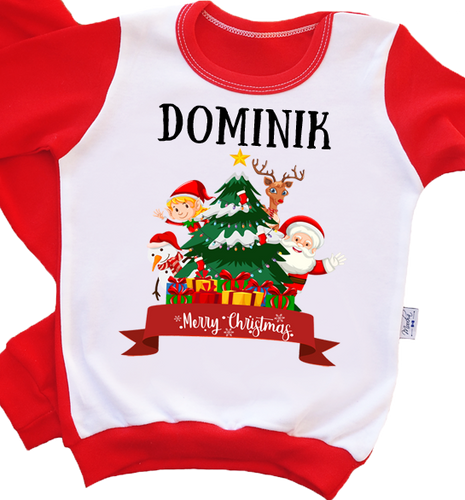 "MERRY CHRISTMAS" Piżamka świąteczna choinka dla dzieci z imieniem Moocha czerwony 