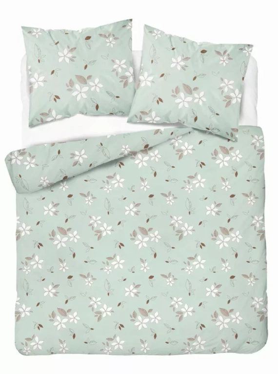 5632 B Pościel flanelowa Pastel Flowers Detexpol miętowa w białe kwiaty i liście- ciepła, miękka i elegancka